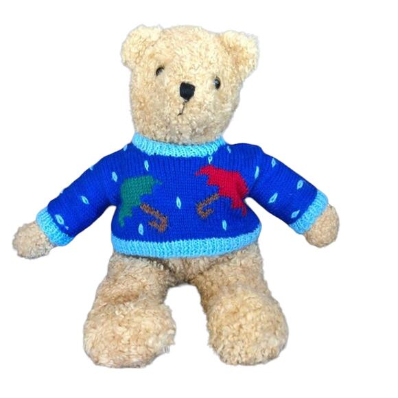 Vintage Ty Classic Bear Plush 1990 Tan Curly Fur Blue Sweater Umbrella Stuffed - Picture 1 of 14
